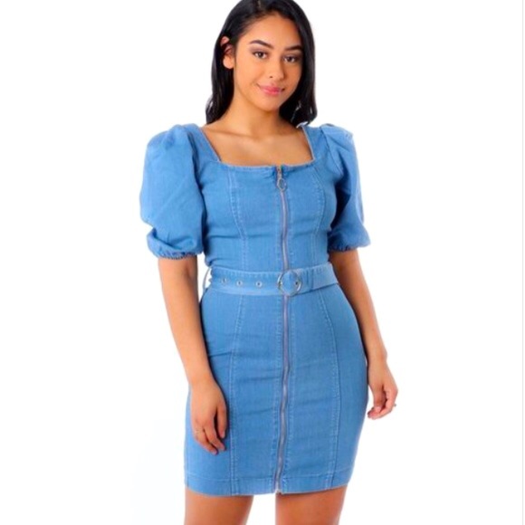 Haute Monde Dresses & Skirts - Puff Sleeve Mini Denim Dress